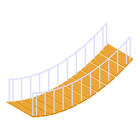 Simple isometric wooden suspension bridge with metal handrails crossing a chasmのイラスト素材