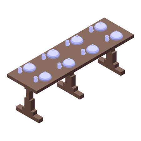 Long wooden dining table set for a dinner party, featuring covered plates, cups, and an elegant arrangement, creating an inviting atmosphere for guestsのイラスト素材