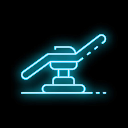 Blue neon icon of a medical chair glowing on a black background, perfect for representing medical or dental careのイラスト素材
