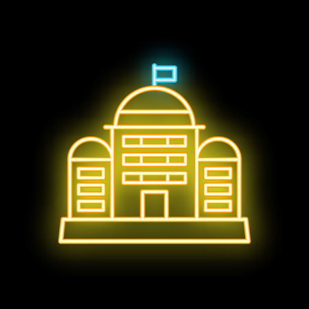 Glowing neon icon of a government building with a flag, representing concepts like power, authority, and civic engagementのイラスト素材