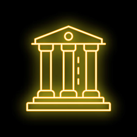Glowing neon line icon of a bank or other official building with pillars in yellow neon styleのイラスト素材