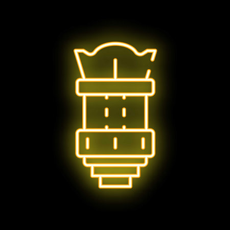 Glowing neon line camera lens on a black background representing photography and videographyのイラスト素材