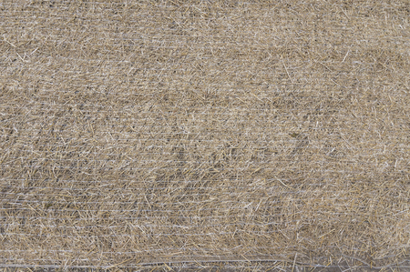 Top view of hay or dry grass covered with net wrap or twine on flat surface.の写真素材