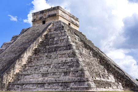 Closeup of Temple of Kukulkan Pyramid (El Castillo) in Chichen Itza ruins, one of the Seven Wonders of the World and UNESCO World Heritage Siteの写真素材