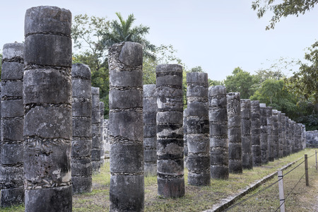 Columns in the Temple of a Thousand Warriors in Chichen Itza ruins, Maya civilization, Mexicoの写真素材
