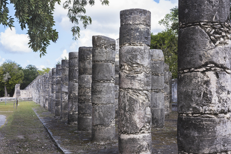 Columns in the Temple of a Thousand Warriors in Chichen Itza ruins, Maya civilization, Mexico.の写真素材