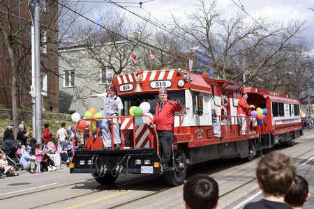 members of Rameses Shriners on float at the Beaches Easter Parade 2017 on Queen Street East Toronto.のeditorial素材