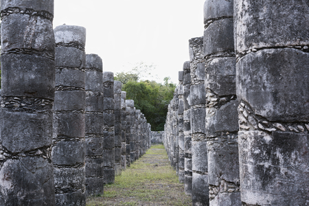Columns in the Temple of a Thousand Warriors in Chichen Itza ruins, Maya civilization, Mexicoの写真素材