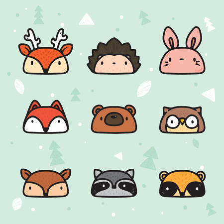 A vector set of cute forest animal faces. Perfect for t-shirt, greeting card, baby poster, stickers, invitation, icon.のイラスト素材