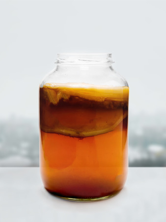 Healthy homebrewed fermented drink with bacterial and yeast cultures.