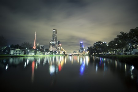 Panoramic view of skycrapers along the Yarra River in Melbourneの写真素材