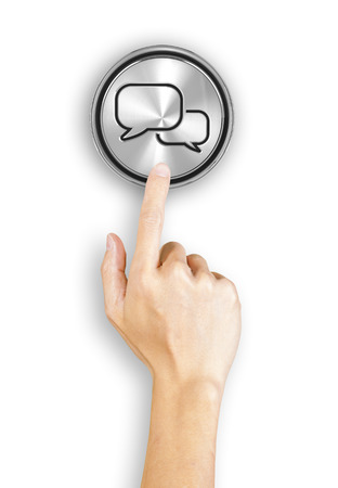 Clicking a 3d rendered chat button, white backgroundの写真素材