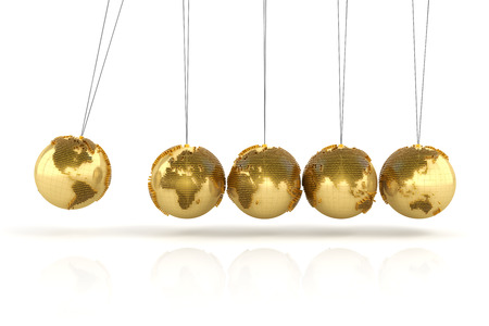 Newtons cradle with golden globes formed by dollar signs, 3d renderの写真素材