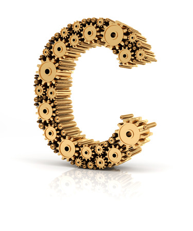 Alphabet C formed by metallic golden gears, 3d renderの写真素材