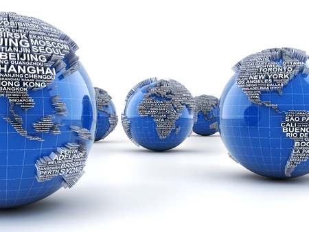 Globes with names of major cities in the world, 3d renderの写真素材