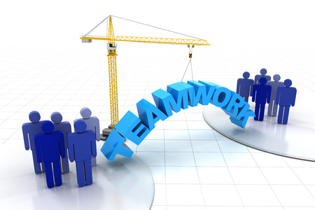 Building teamwork concept, 3d render, white backgroundの写真素材