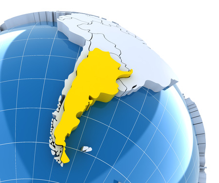 Globe with extruded continents, close-up on Argentina, 3d renderの写真素材