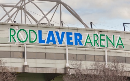 Melbourne, Australia - Aug 2, 2015: Close-up view of the sign of Rod Laver Arena in Melbourne, Australia. It is a multipurpose arena and the main venue for the Australian Open in tennis.のeditorial素材