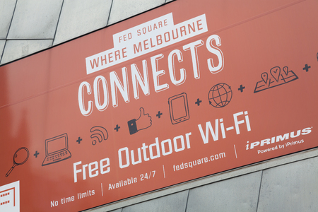 Melbourne, Australia - Aug 8, 2015: Free outdoor wifi sign at Federation Square in Melbourne, Australiaのeditorial素材