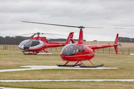 Port Campbell, Australia - Nov 24, 2015: Helicopter ready to take off for a scenic flight over the attractions near the Twelve Apostlesのeditorial素材