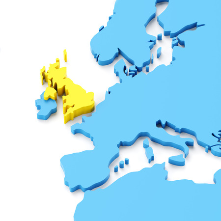 Map of Europe with UK highlighted in yellow, 3d renderの写真素材