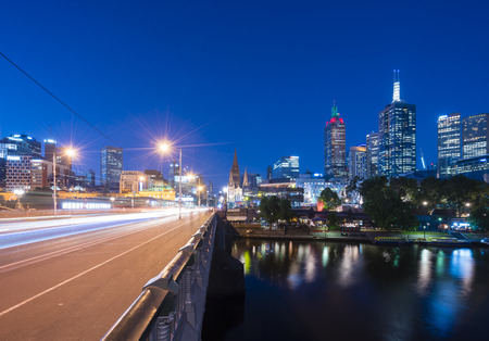 Melbourne, Australia - Dec 16, 2015: View of modern buildings and traffic trails in Melbourne CBD, Australia at nightのeditorial素材