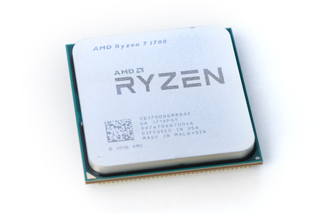 Melbourne, Australia - Jul 12, 2017: Close-up of AMD Ryzen 7 1700 CPU on white background. It is a high-performance microprocessor introduced by AMD in 2017.のeditorial素材
