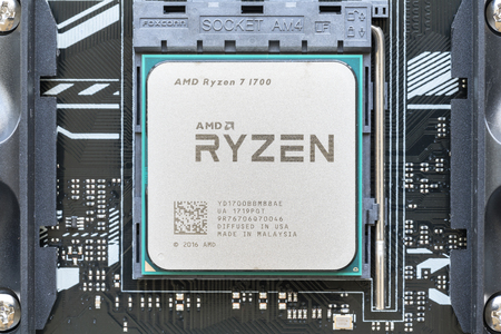 Melbourne, Australia - Jul 12, 2017: Close-up of AMD Ryzen 7 1700 CPU on motherboard. It is a high-performance microprocessor introduced by AMD in 2017.のeditorial素材