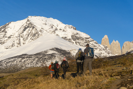 Tourists hiking in Torres del Paine national park of Chileのeditorial素材