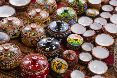 Ceramic pots and bowls for sale in a market near Machu Picchu in Peruのeditorial素材