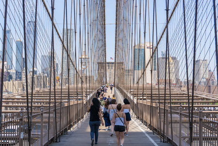 People visiting Brooklyn Bridge in New York Cityのeditorial素材