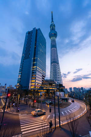 Tokyo, Japan - Mar 16, 2019: View of Tokyo Skytree at sunset. It is a broadcasting and observation...
