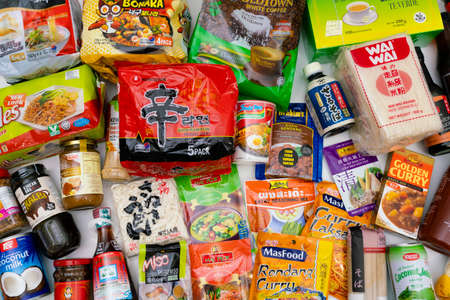 Melbourne, Australia - June 5, 2020: Top down view of various products from Asian grocery