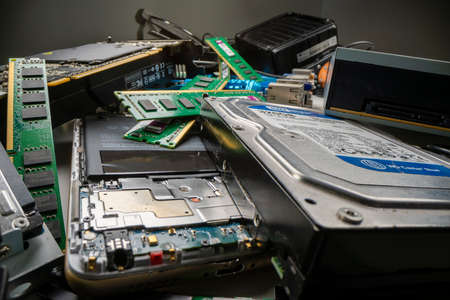 Melbourne, Australia - Jul 13, 2020: Close-up view of computer electronic waste