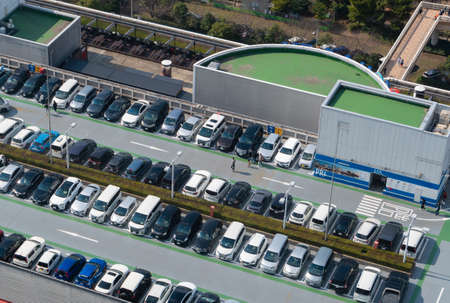 Tokyo, Japan - Mar 17, 2019: Aerial view of rooftop car park in Japanのeditorial素材
