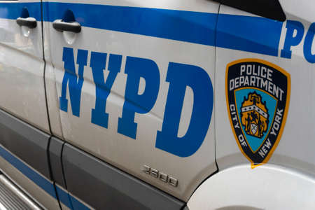 New York, USA - May 11, 2018: Close-up of the sign of New York Police Department vehiclepolice car in New York cityのeditorial素材