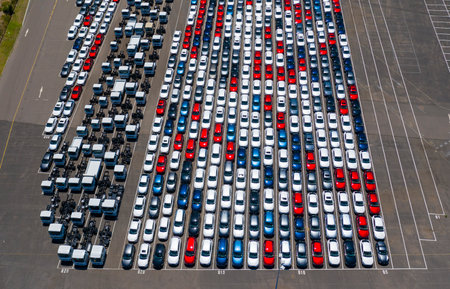Melbourne, Australia - Dec 3, 2020: Aerial photo of new passenger cars and trucks at a shipping port waiting for import or exportのeditorial素材