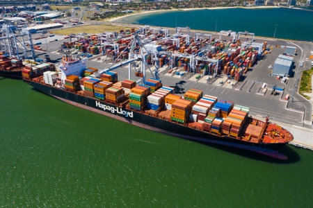 Melbourne, Australia - Dec 9, 2020: Aerial close-up photo of cargo ships at dockのeditorial素材