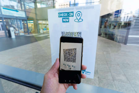 Melbourne, Australia - Jun 24, 2021: Check in using QR code when entering a shopping mallのeditorial素材