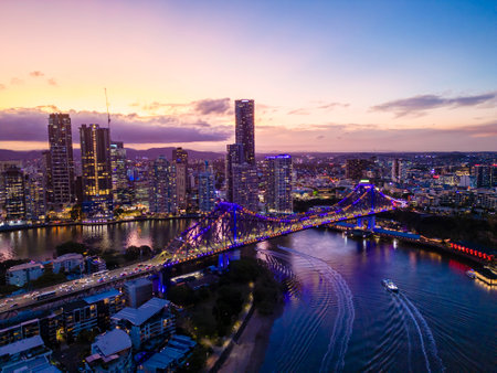 Aerial view of Brisbane city in Australia at nightの写真素材