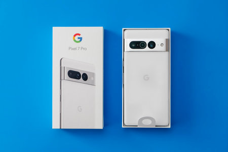 Melbourne, Australia - Oct 14, 2022: Top down view of unboxing a brand new Google Pixel 7 Pro...