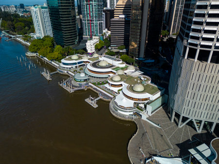 Brisbane, Australia - Aug 2, 2022: Aerial view of the iconic Eagle Street Pier which will be demolised for redevelopment into new riverside precinctのeditorial素材