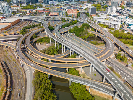 Aerial view of highway traffic in Brisbane, Australia