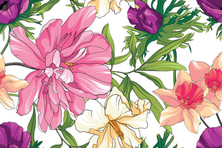 Elegant seamless pattern with peony flowers, design elements. Floral pattern for invitations, cards, print, gift wrap, manufacturing, textile, fabric, wallpapersのイラスト素材