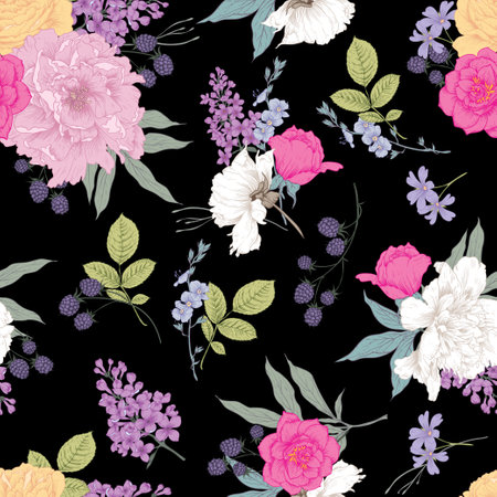 Seamless pattern with peony, lilac and leaves. Vector illustration.のイラスト素材
