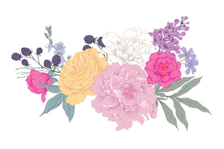 Bouquet of peonies, roses, wildflowers, blueberries, lavender, lilac, blackberry. Vector illustration. Border of flowers.のイラスト素材