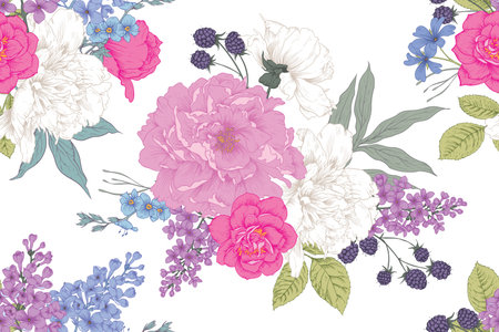 Seamless pattern with peony, rose, hydrangea, lilac. Vector illustration.のイラスト素材