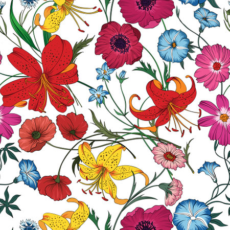 Seamless pattern with colorful flowers on white background. vector illustration.のイラスト素材
