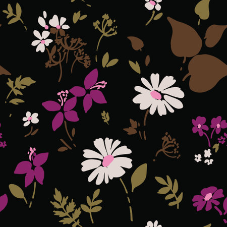 Seamless pattern with flowers and leaves on a black background.のイラスト素材