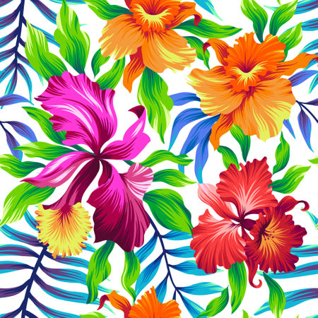 Seamless pattern with hibiscus flowers and leaves. Vector illustration.のイラスト素材